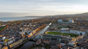 Aerial view of Dublin bay with with Aviva Stadium at Sunset