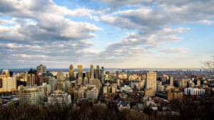 City of Montreal, Quebec, Canada view of cityscape high angle view background sky clouds at sunset