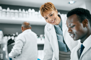 Doctor, covid or scientist people in science laboratory for DNA research, medical and medicine data