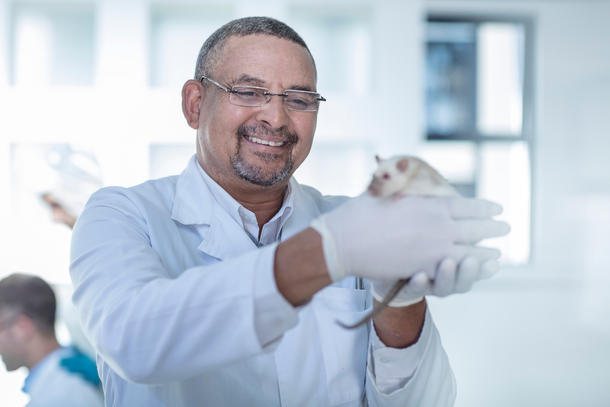 Laboratory worker holding white rat, smiling
